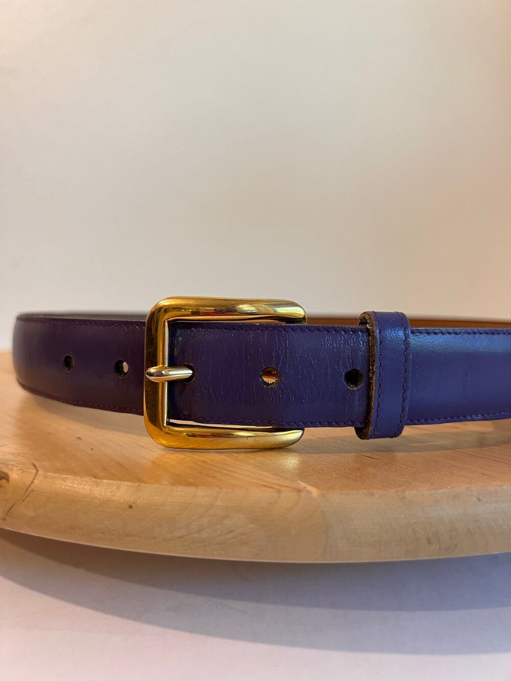 Vintage Anne Klein Purple Calfskin Genuine Leather Gold Buckle Belt Size Small